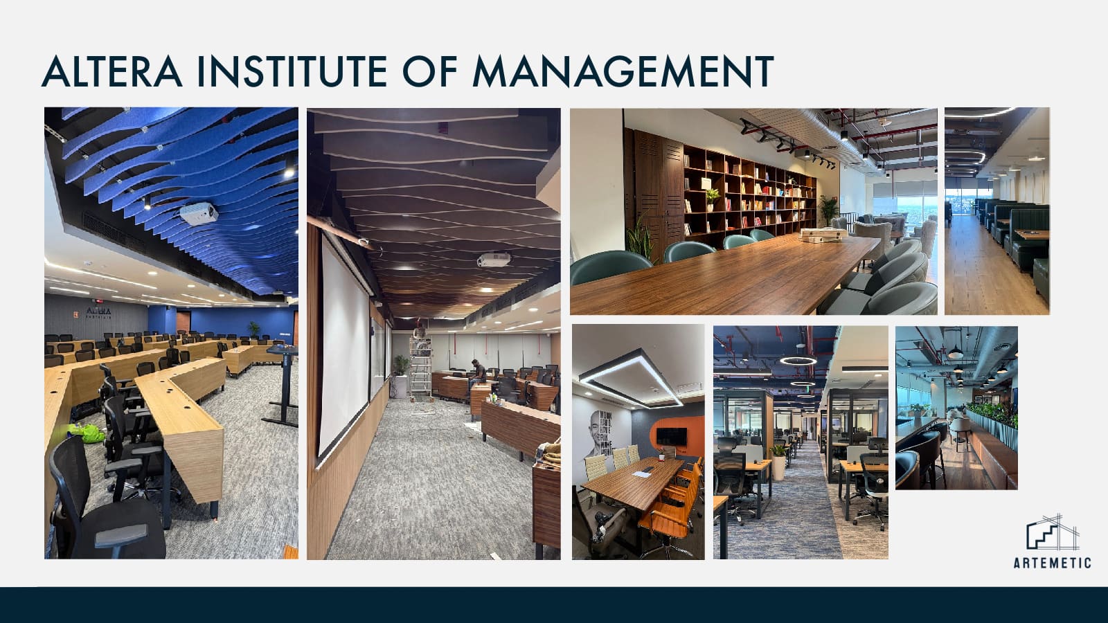 Wooden baffle and acoustic fluidic ceilings inside Altera Institute of Management — a 16,000 sqft DLF Cyber City fitout in Gurgaon by Artemetic